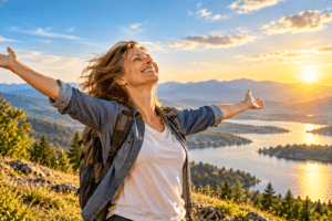 Une femme rayonnante de joie ouvre les bras face au paysage, symbole de confiance en soi et de bonheur de vivre.
