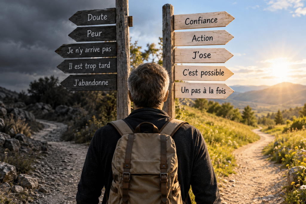 Un homme face à deux chemins, symbole du choix entre pensées négatives et confiance pour avancer plus sereinement.